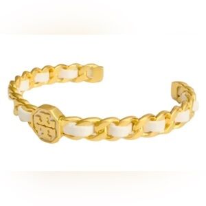 Tory Burch Marion White Leather Woven Gold Toned Cuff Bangle NWT MSRP: $128.00